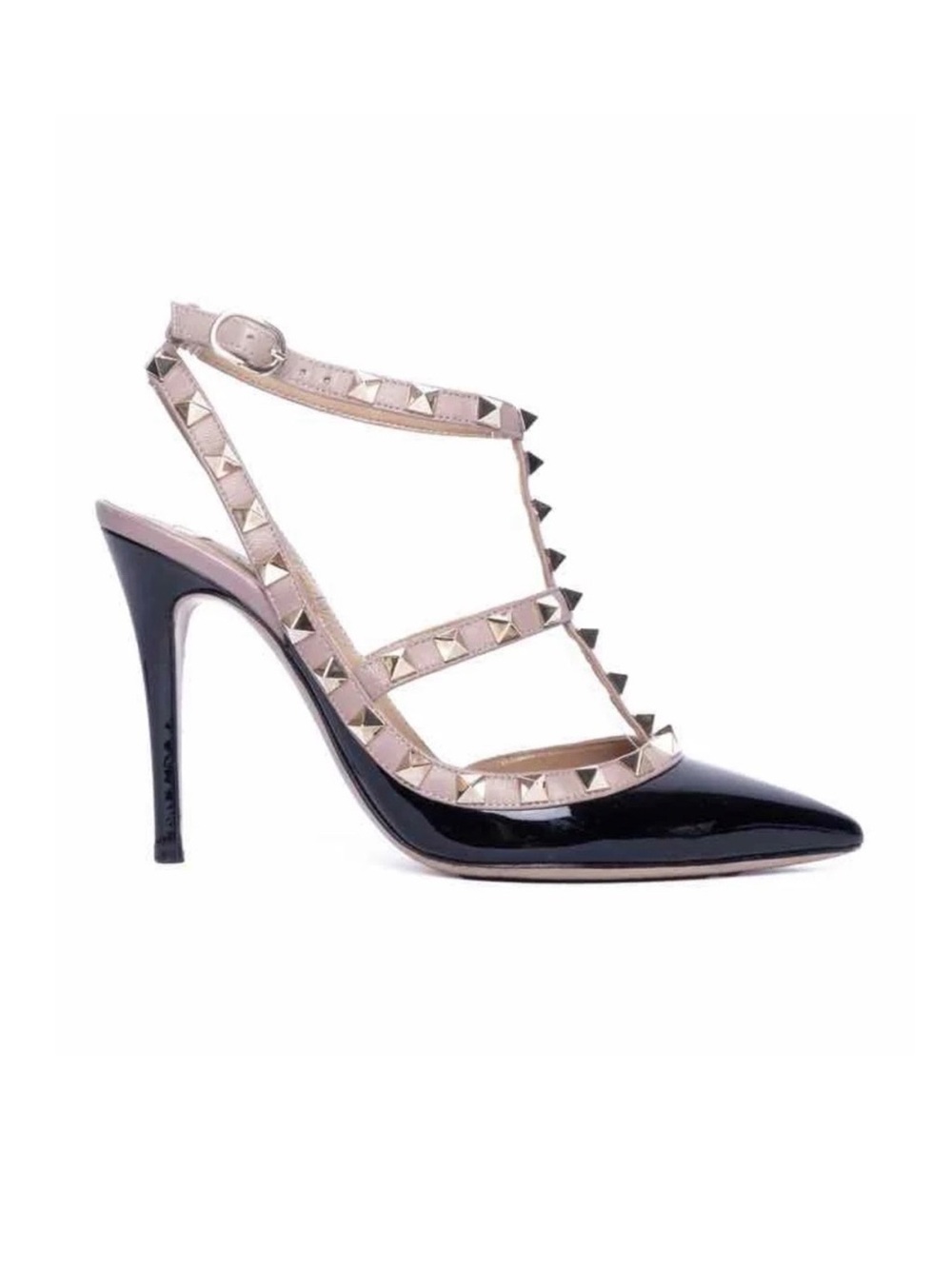 Valentino Rockstud Caged Two Toned Black Patent Leather Stiletto Heel Pumps